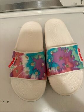 CROCS Women’s Tie-Dye Slide Sandals in White, Purple, Teal